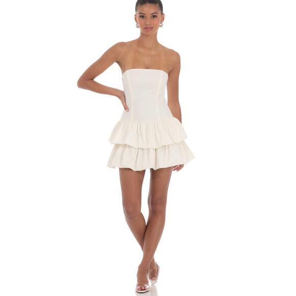 Lucy in the Sky Strapless Corset Bubble Dress Ivory Sz M Bridal Club Preppy Rush - Picture 1 of 12